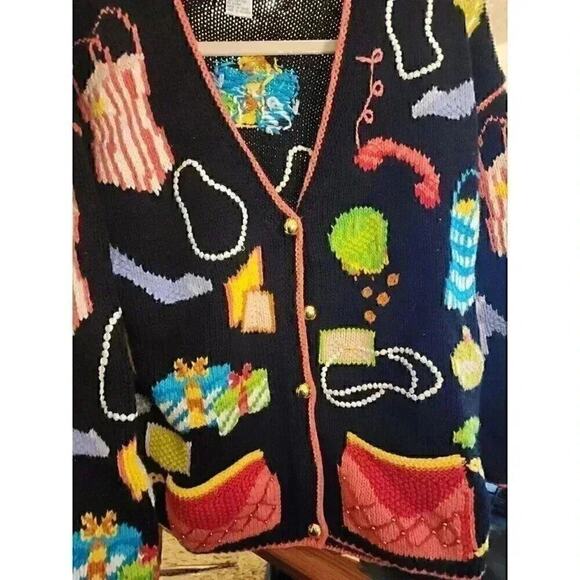 Vintage Cardigan Bay Hand Knitted Sweater Shopping Stilleto Pearls SZ S Nic3 BBB - Picture 1 of 7